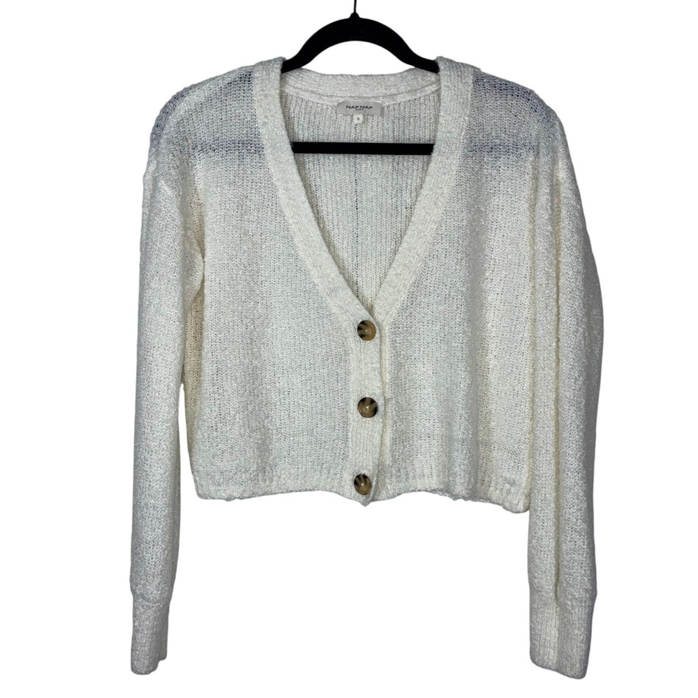 Naf Naf Paris Small Cream Cropped Knit Button Cardigan Parisian Chic Minimalist